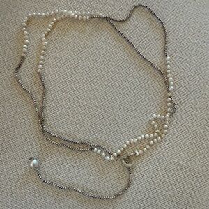 Silver and White Beaded Lariat Necklace